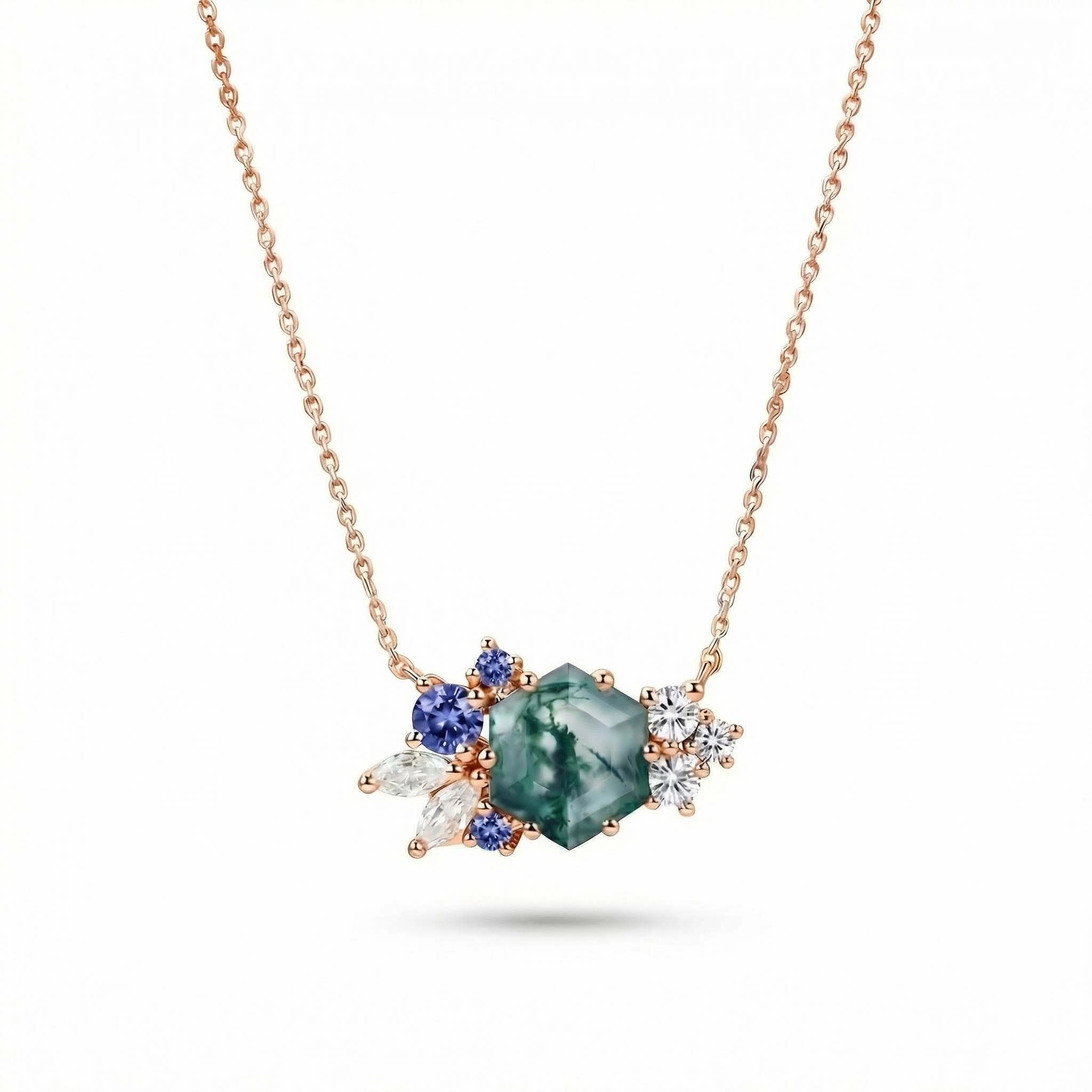 1.85ct Hexagon Moss Agate Art Deco Cluster S925 Silver Pendant Necklace