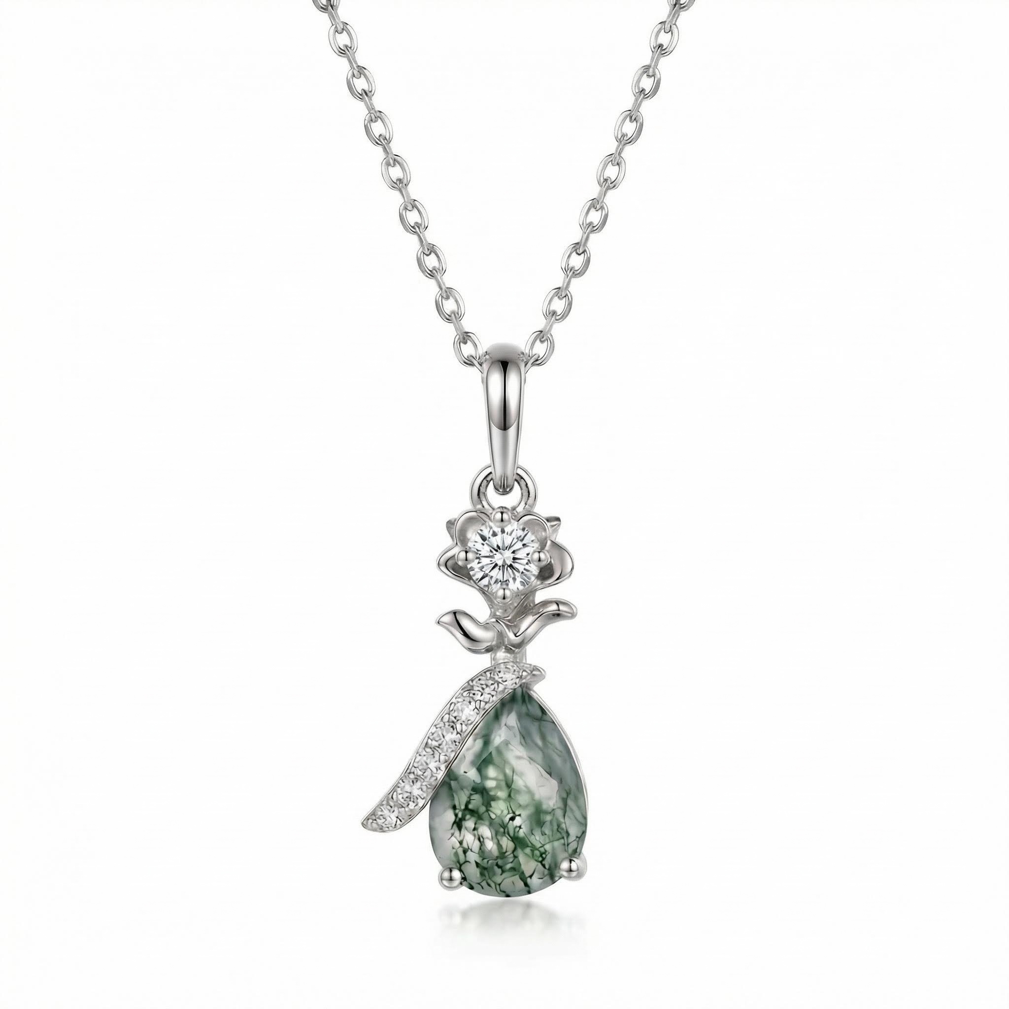 1.3ct Pear Cut Moss Agate & Round Cut Moissanite S925 Silver Floral - Image 5