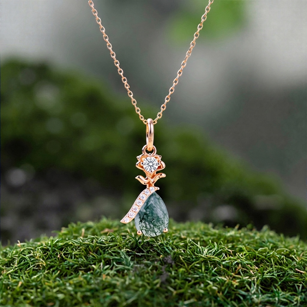 1.3ct Pear Cut Moss Agate & Round Cut Moissanite S925 Silver Floral - Image 6