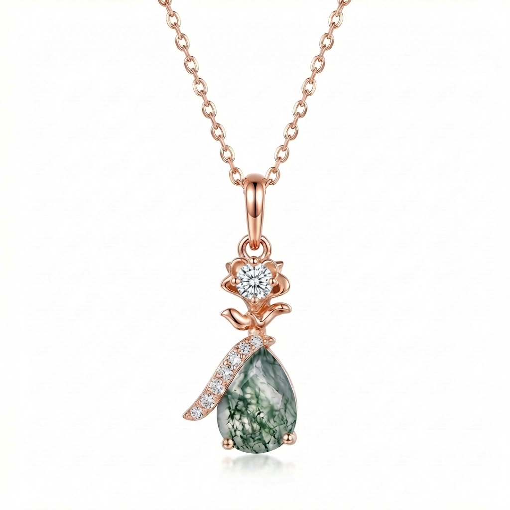 1.3ct Pear Cut Moss Agate & Round Cut Moissanite S925 Silver Floral