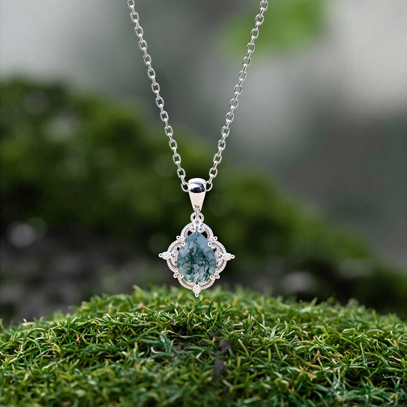1.36ct Pear Cut Moss Agate & Round Cut Moissanite S925 Silver Floral Halo