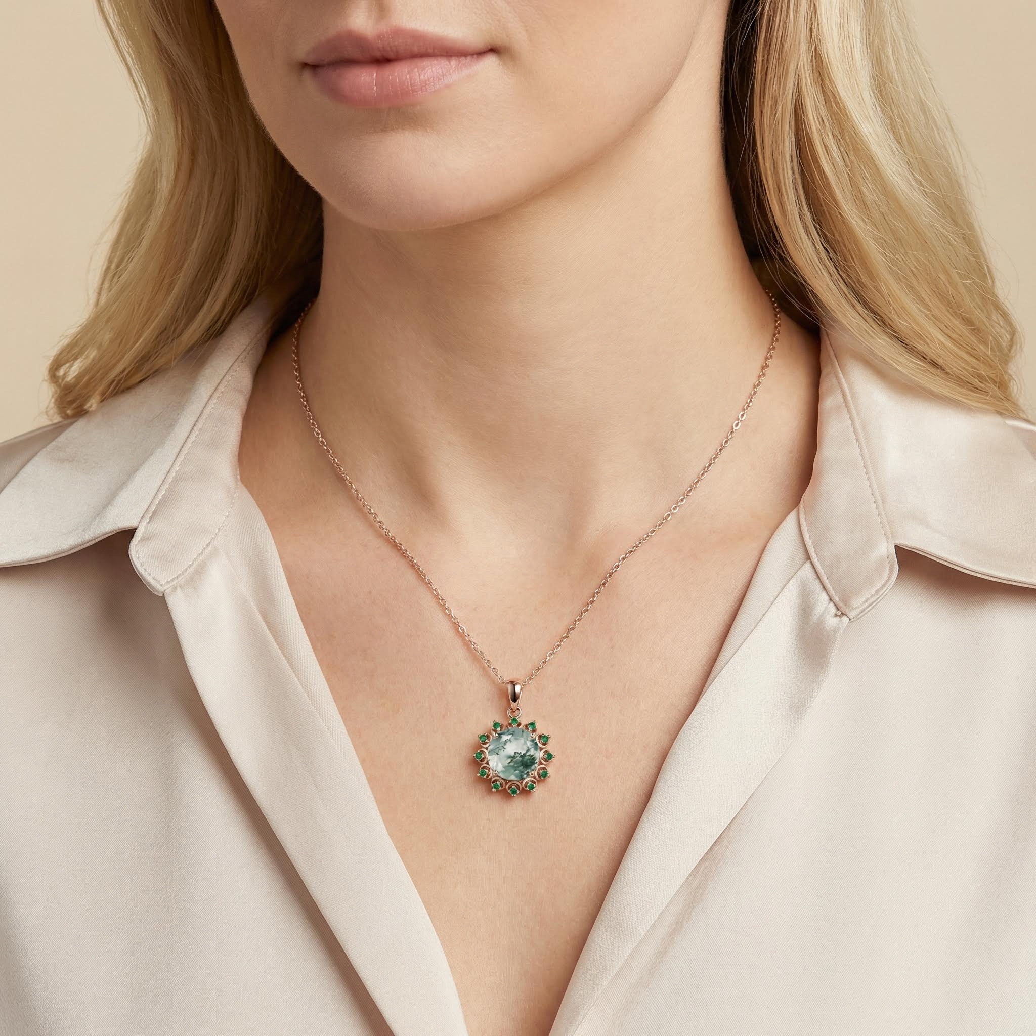 1.06ct. Tw. Round Cut Moss Agate With Emerald Halo Accents S925 Silver - Image 3