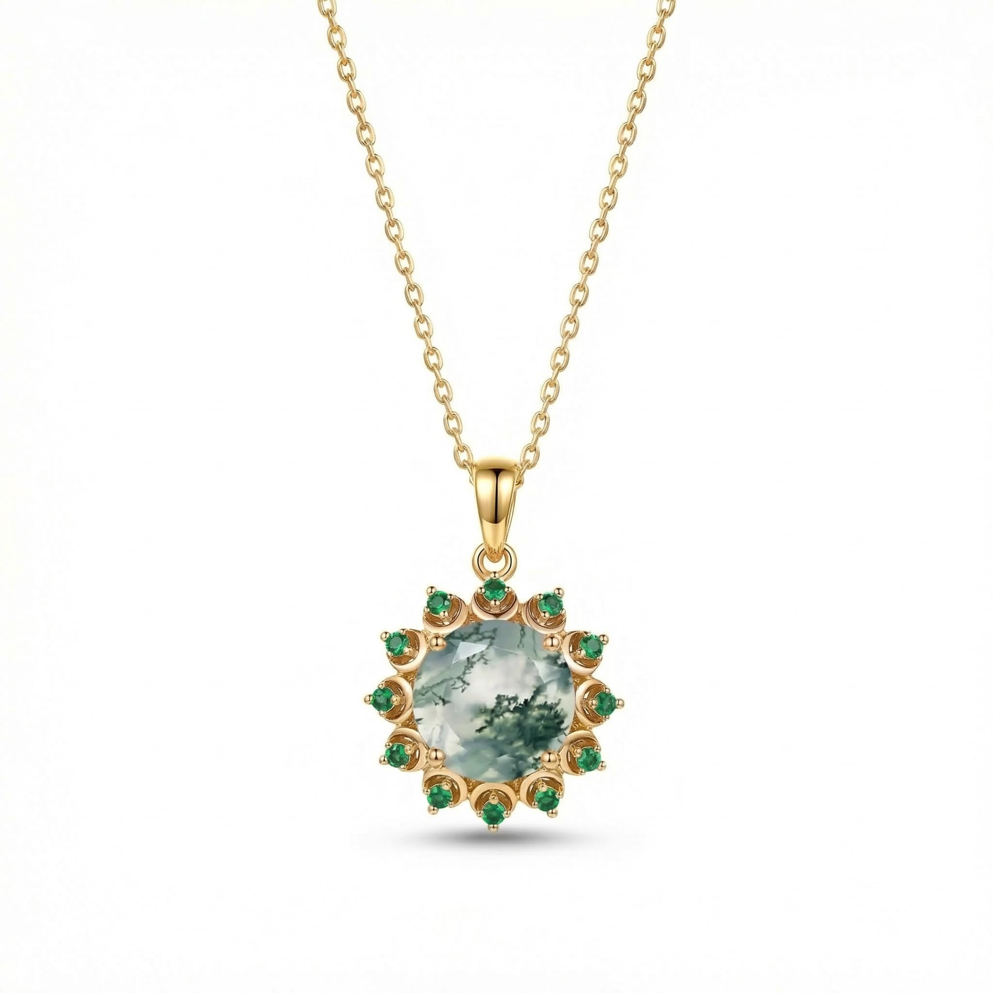 1.06ct. Tw. Round Cut Moss Agate With Emerald Halo Accents S925 Silver - Image 4