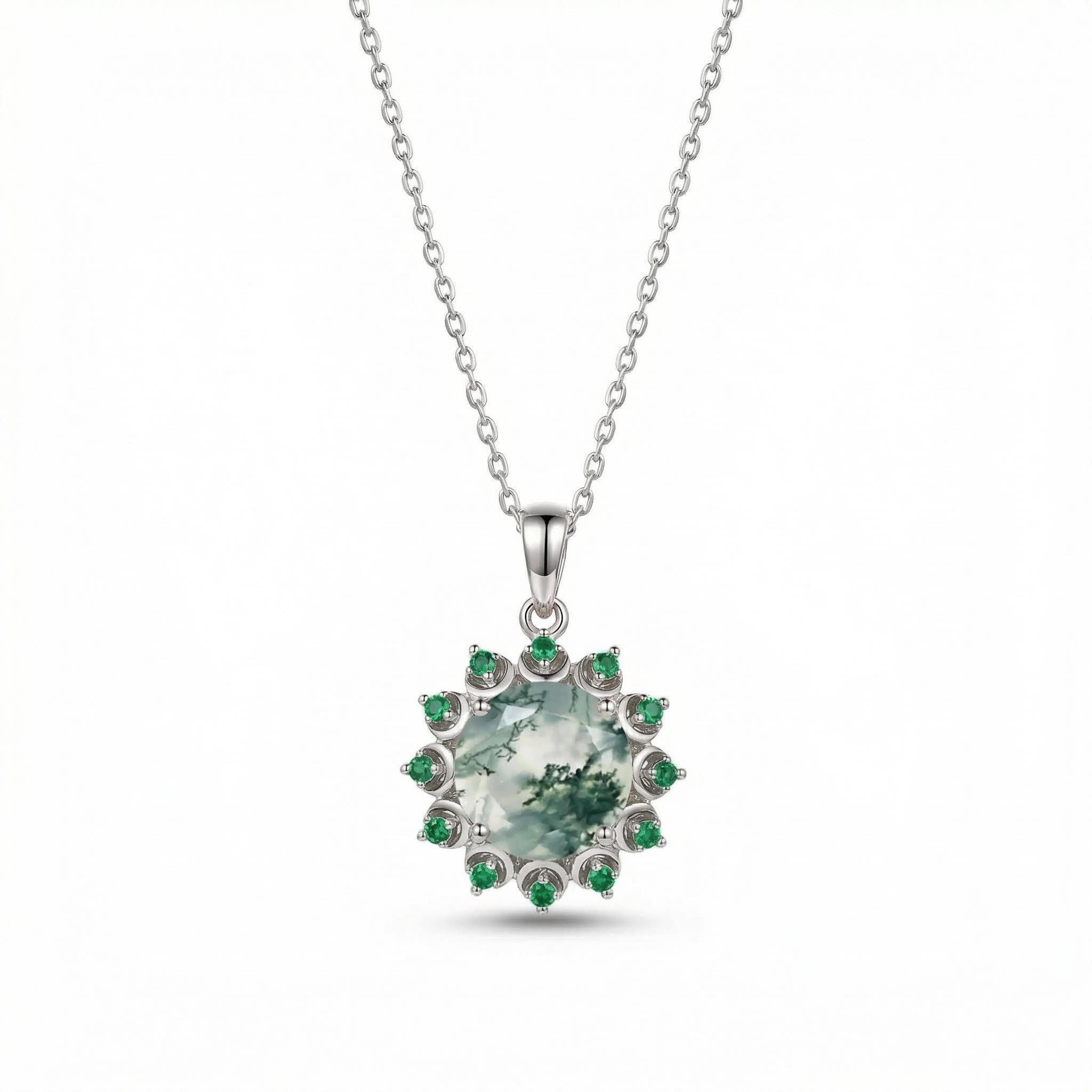 1.06ct. Tw. Round Cut Moss Agate With Emerald Halo Accents S925 Silver - Image 5