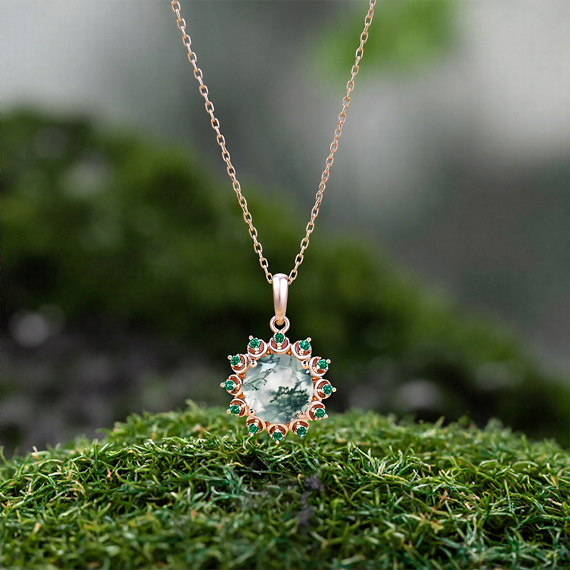 1.06ct. Tw. Round Cut Moss Agate With Emerald Halo Accents S925 Silver - Image 6