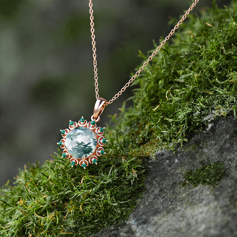 1.06ct. Tw. Round Cut Moss Agate With Emerald Halo Accents S925 Silver - Image 8