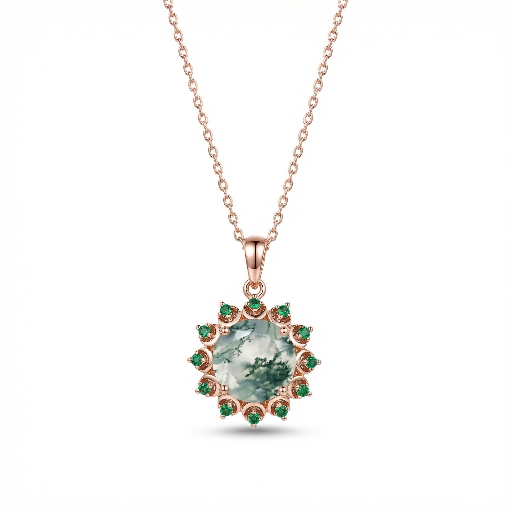 1.06ct. Tw. Round Cut Moss Agate With Emerald Halo Accents S925 Silver