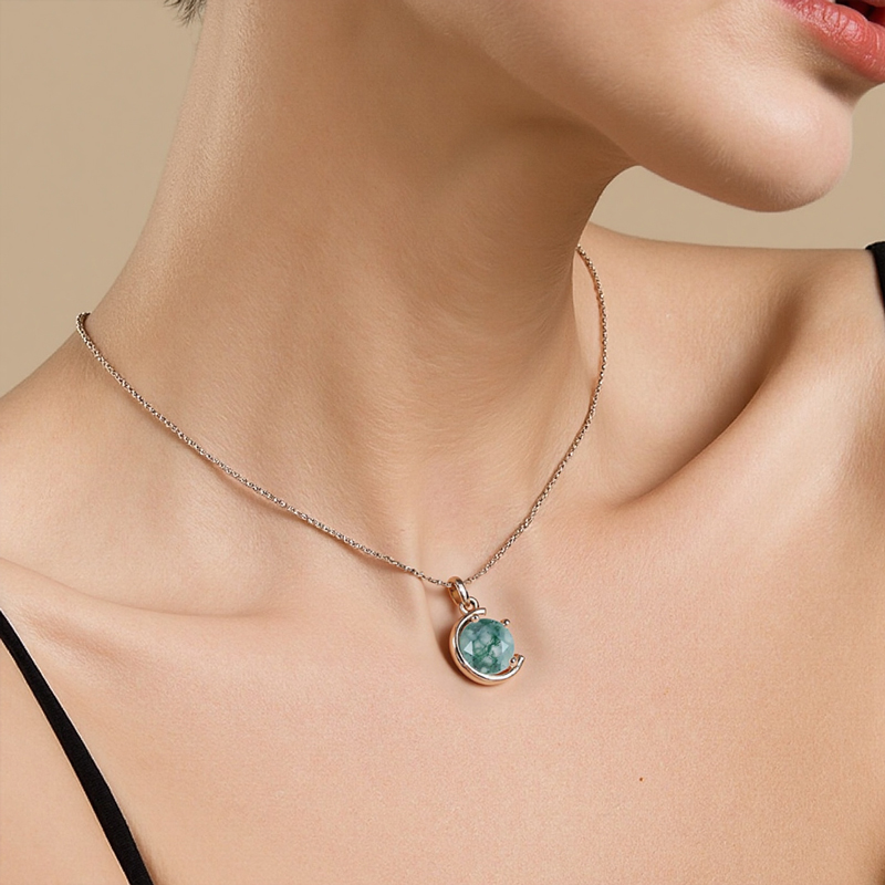 1ct Round Cut Moss Agate S925 Silver Pendant Necklace With Silver Shine - Image 10