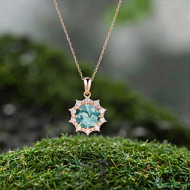 1.2ct Round Cut Moss Agate & Moissanite S925 Silver Gradual Halo Pendant
