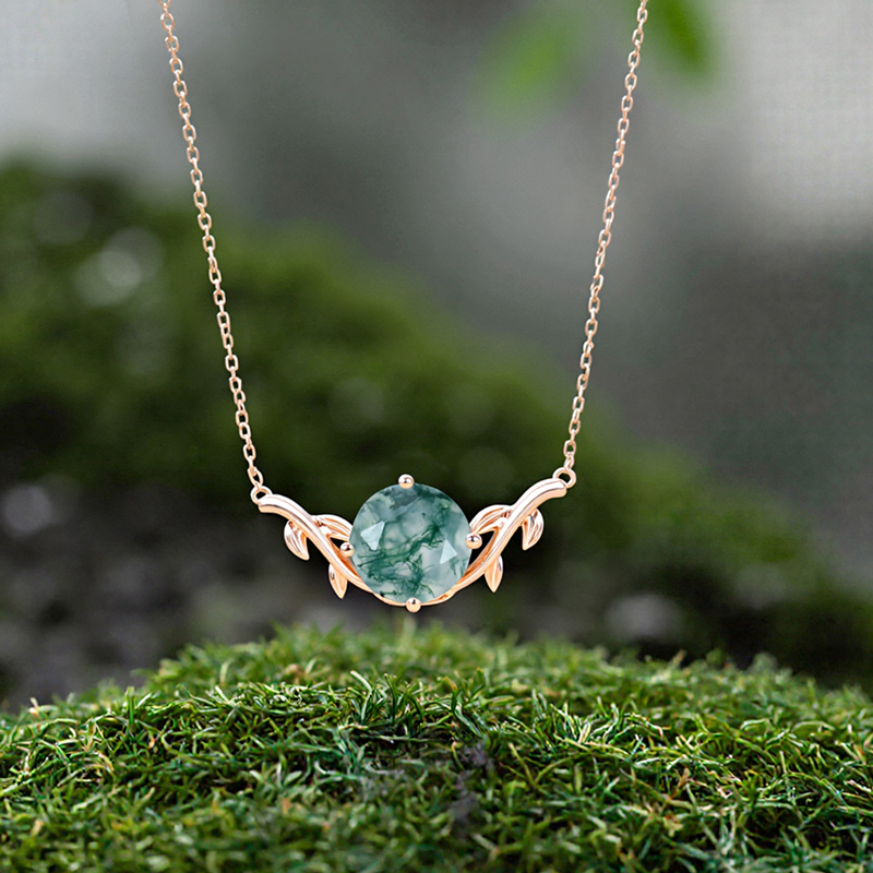 1ct Round Cut Moss Agate S925 Silver Branch Design Solitaire Pendant