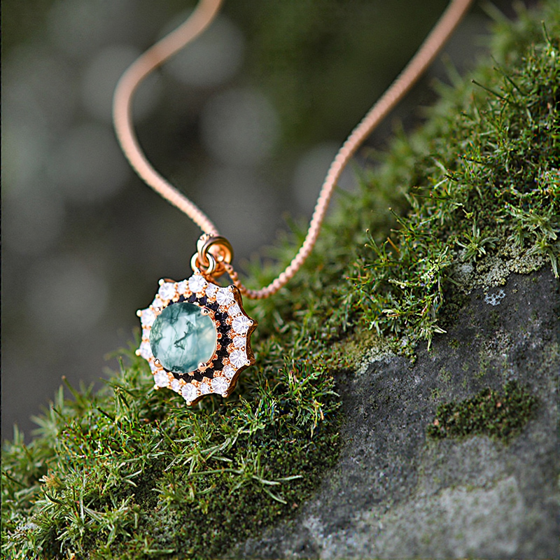 1.41ct Round Cut Moss Agate & Moissanite S925 Silver Double Halo Pendant - Image 4