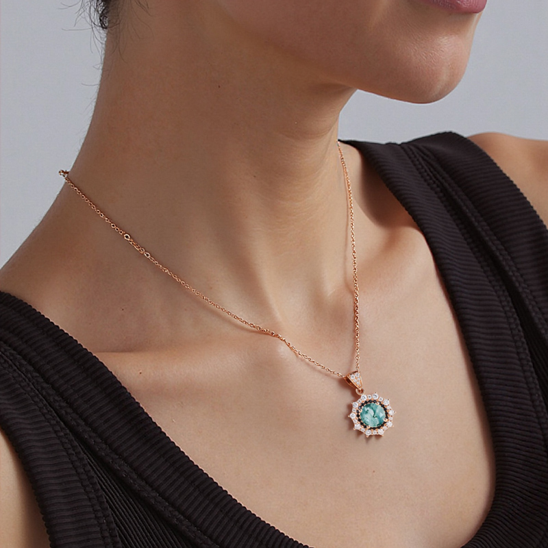 1.41ct Round Cut Moss Agate & Moissanite S925 Silver Double Halo Pendant - Image 6