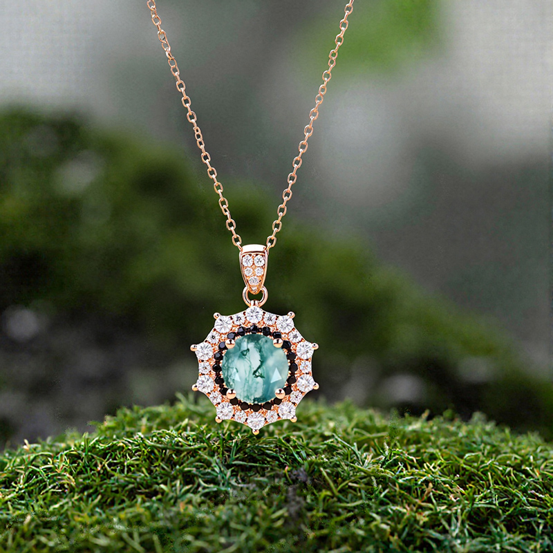 1.41ct Round Cut Moss Agate & Moissanite S925 Silver Double Halo Pendant