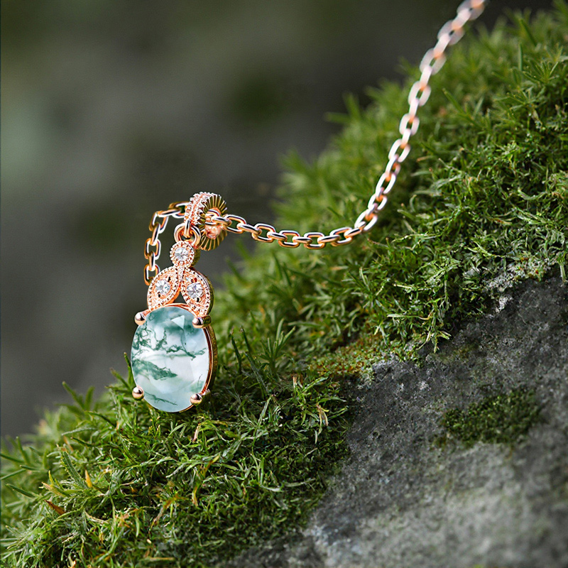 1.56ct Oval Cut Moss Agate & Round Cut Moissanite S925 Silver Pendant - Image 4