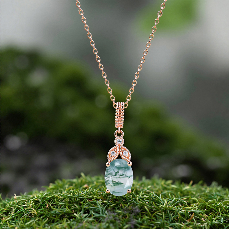 1.56ct Oval Cut Moss Agate & Round Cut Moissanite S925 Silver Pendant