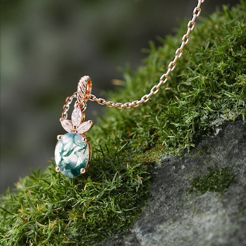 1.62ct Oval Cut Moss Agate & Marquise Cut Moissanite S925 Silver Pendant - Image 4