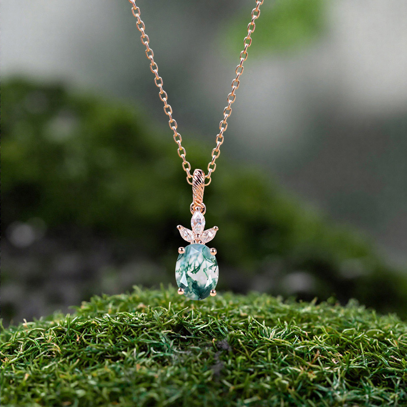 1.62ct Oval Cut Moss Agate & Marquise Cut Moissanite S925 Silver Pendant