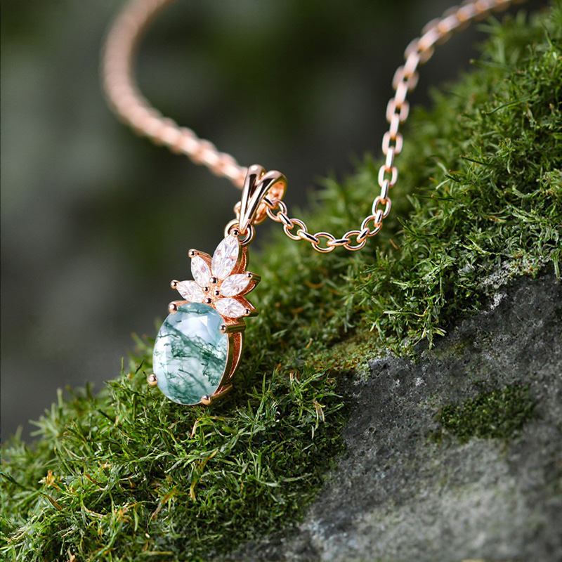 1.68ct Oval Cut Moss Agate & Marquise Cut Moissanite S925 Silver Pendant - Image 4