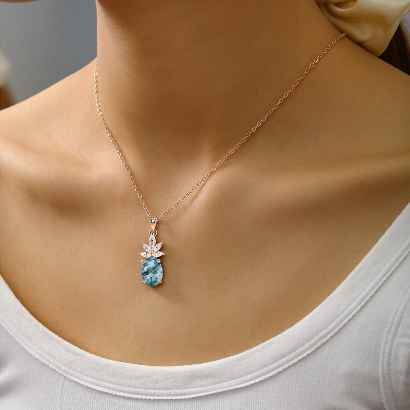 1.68ct Oval Cut Moss Agate & Marquise Cut Moissanite S925 Silver Pendant - Image 6
