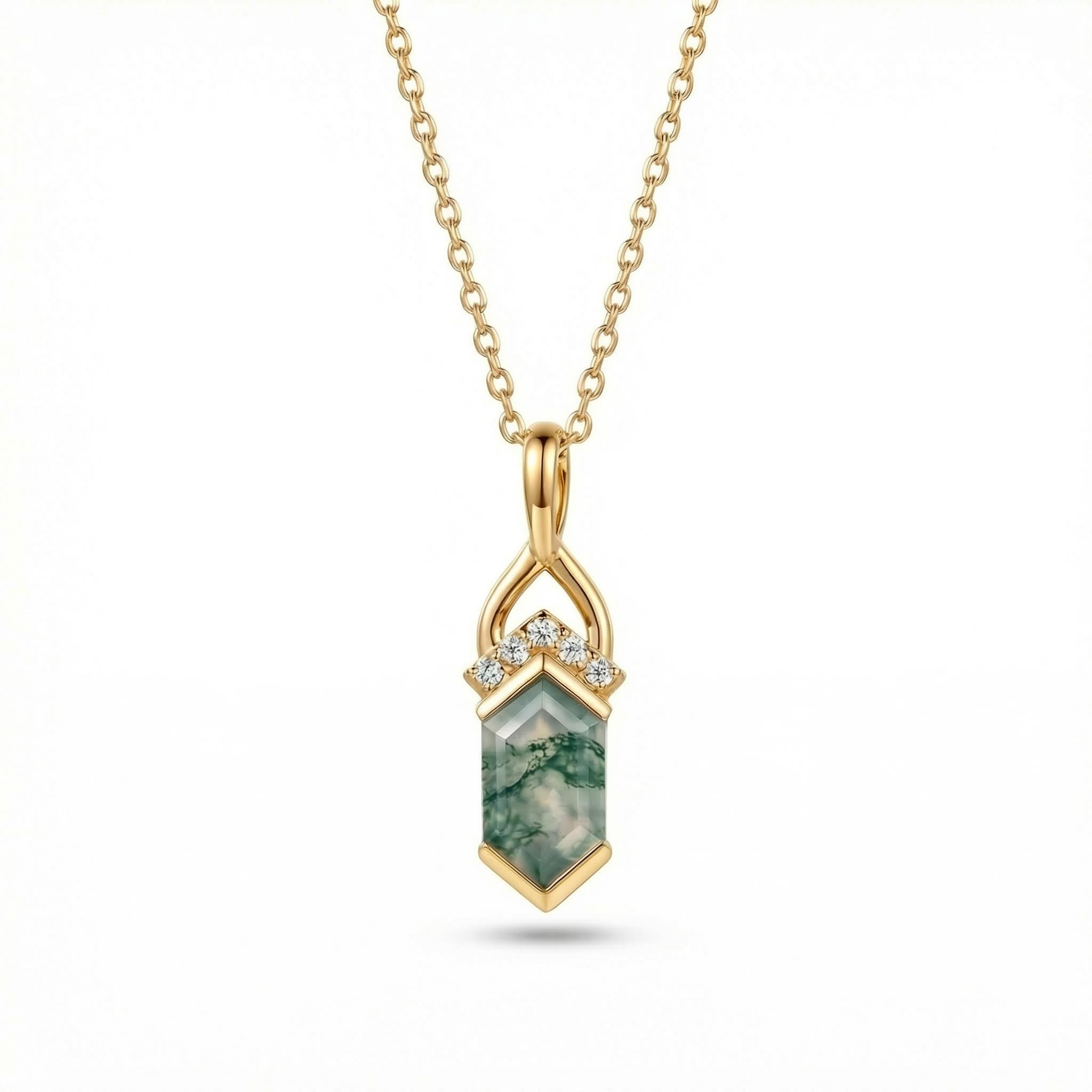 1.53ct. Tw. Elongated Hexagon Cut Moss Agate Fishtail Diamond Accented S925 - Image 4