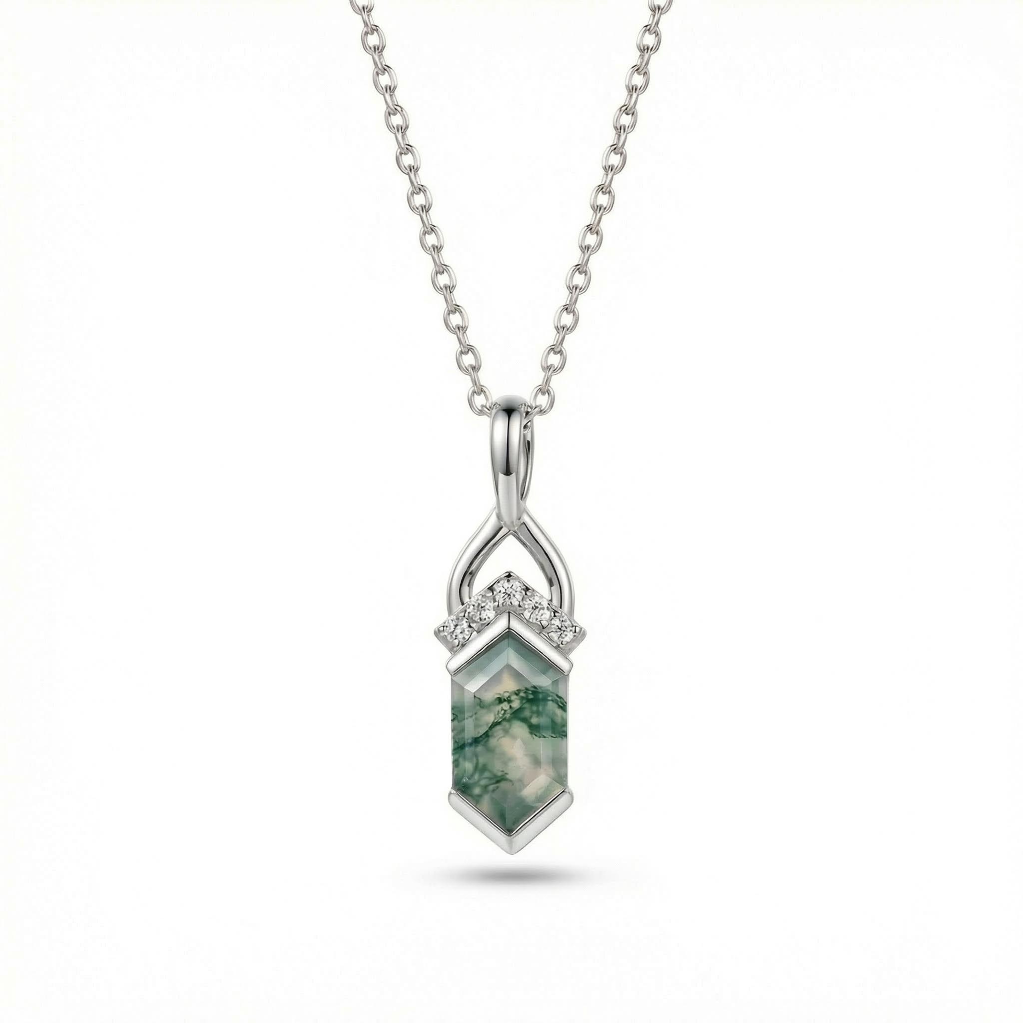 1.53ct. Tw. Elongated Hexagon Cut Moss Agate Fishtail Diamond Accented S925 - Image 5