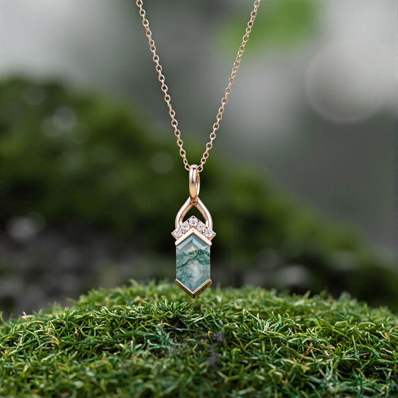 1.53ct. Tw. Elongated Hexagon Cut Moss Agate Fishtail Diamond Accented S925 - Image 6