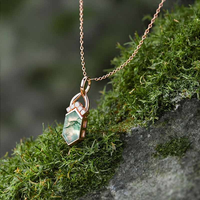 1.53ct. Tw. Elongated Hexagon Cut Moss Agate Fishtail Diamond Accented S925 - Image 8