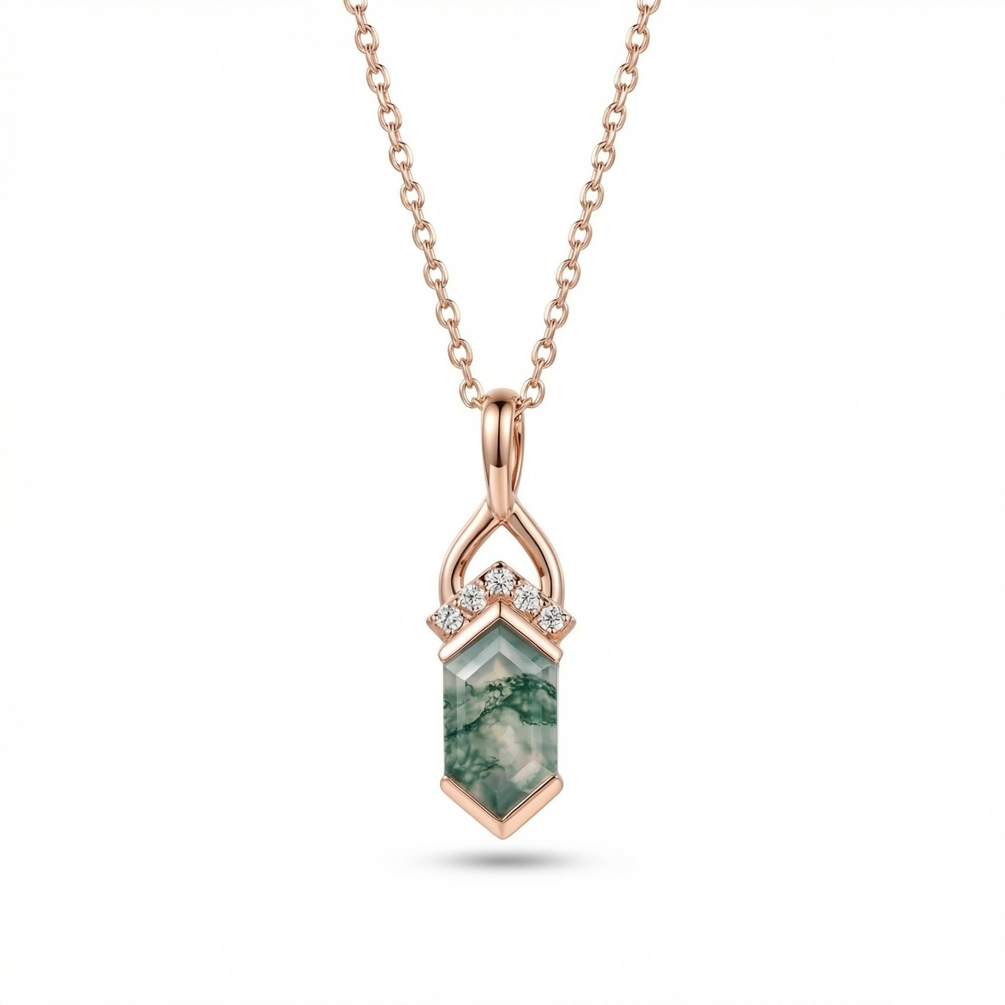 1.53ct. Tw. Elongated Hexagon Cut Moss Agate Fishtail Diamond Accented S925