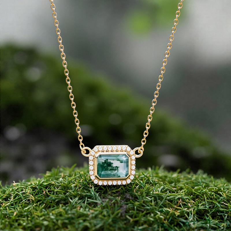 1.76ct Emerald Cut Moss Agate & Round Cut Moissanite S925 Silver Halo