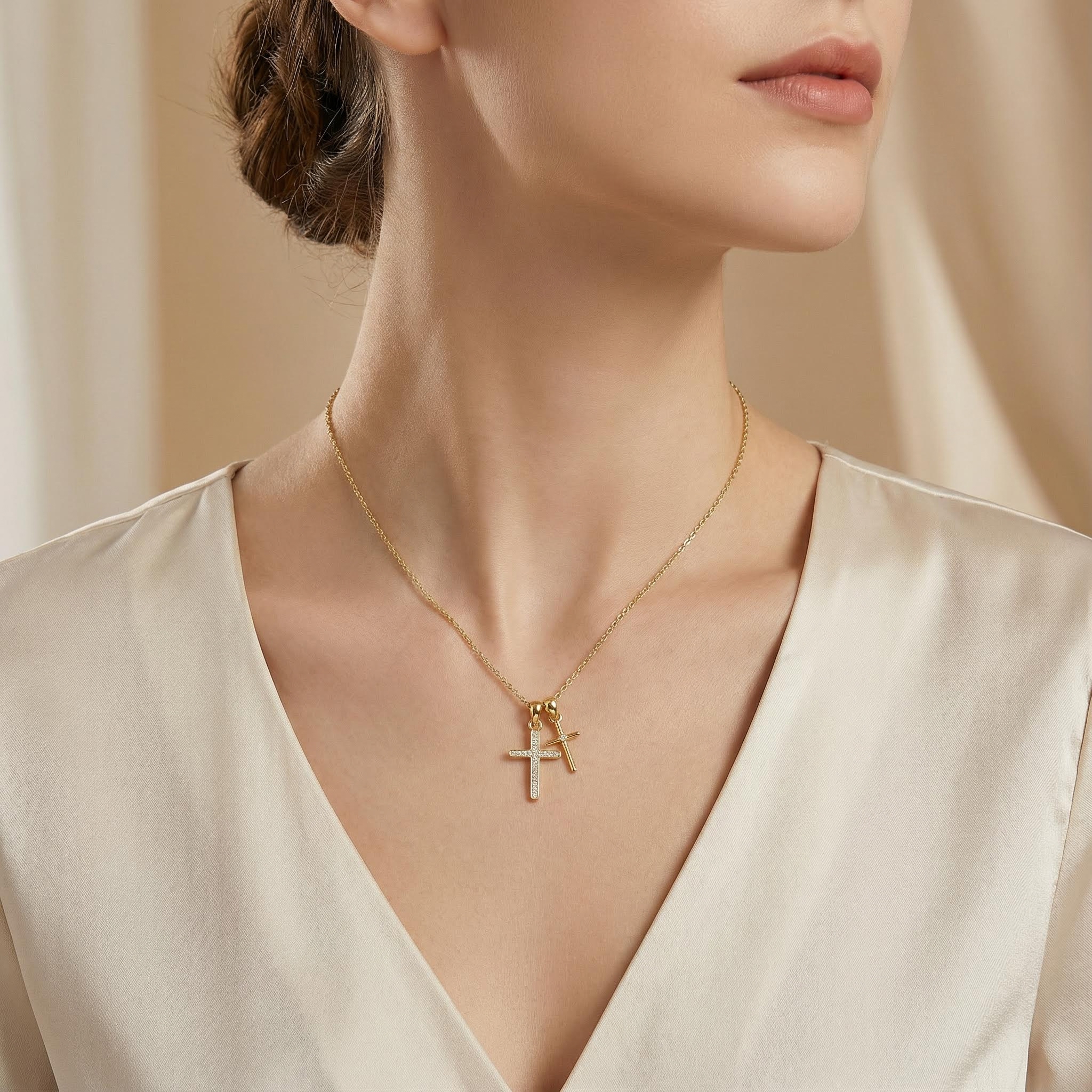 S925 Silver Double Cross Dianmond Pendent Necklace With Street Luxury Shine - Image 5