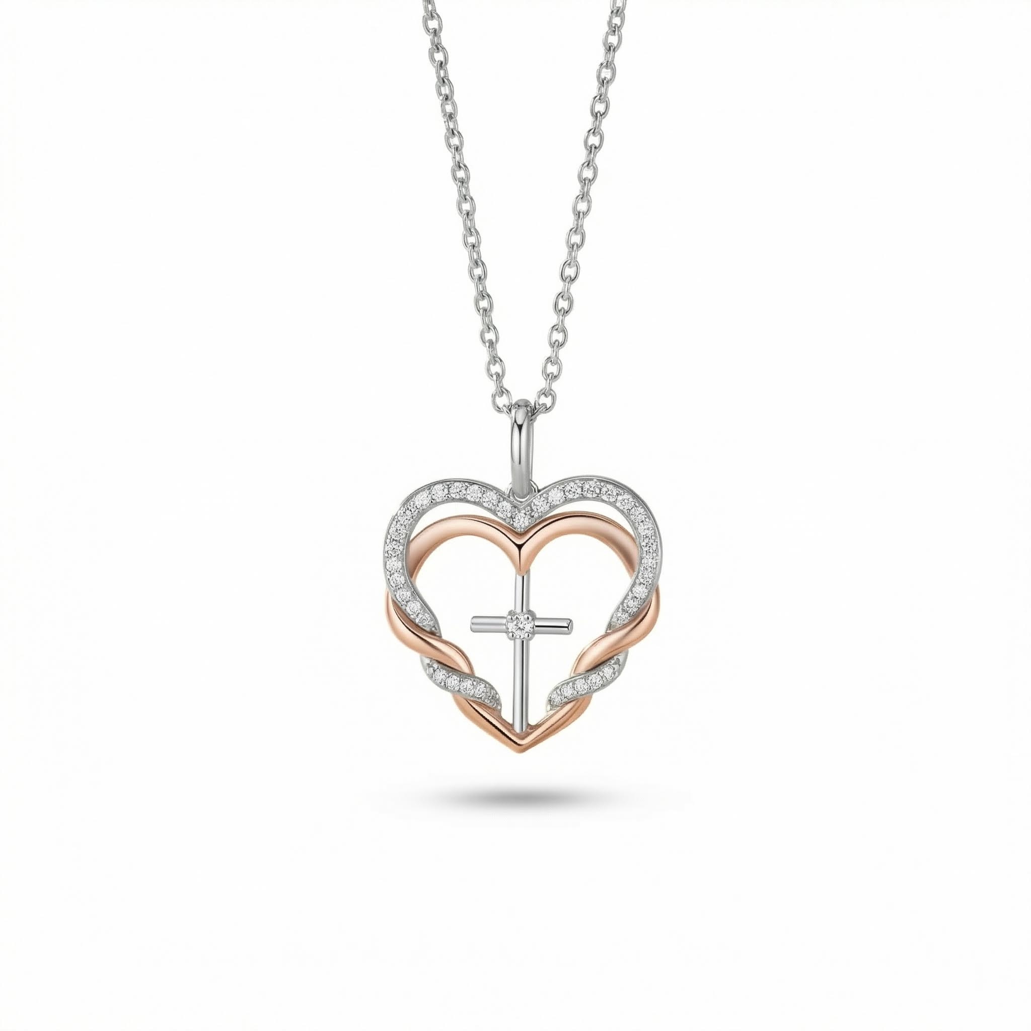 S925 Silver Double Heart & Cross Diamond Pendant Necklace Moissanite
