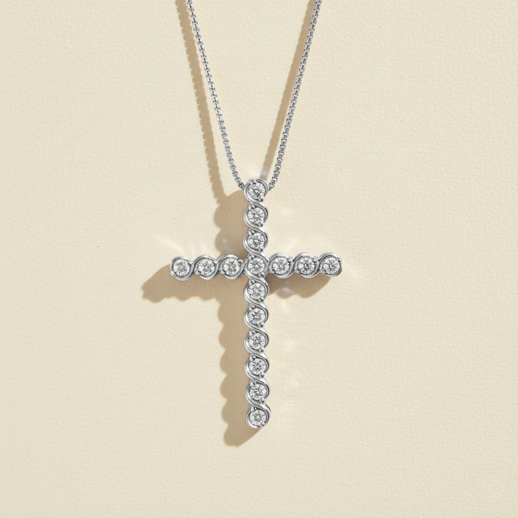S925 Silver Faithful Cross Full Diamond Pendant Necklace Moissanite
