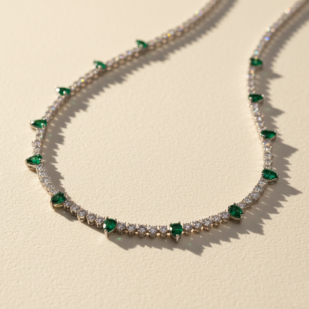 4mm S925 Silver Emerald Pear And Round Diamond Tennis Necklace Iced Out