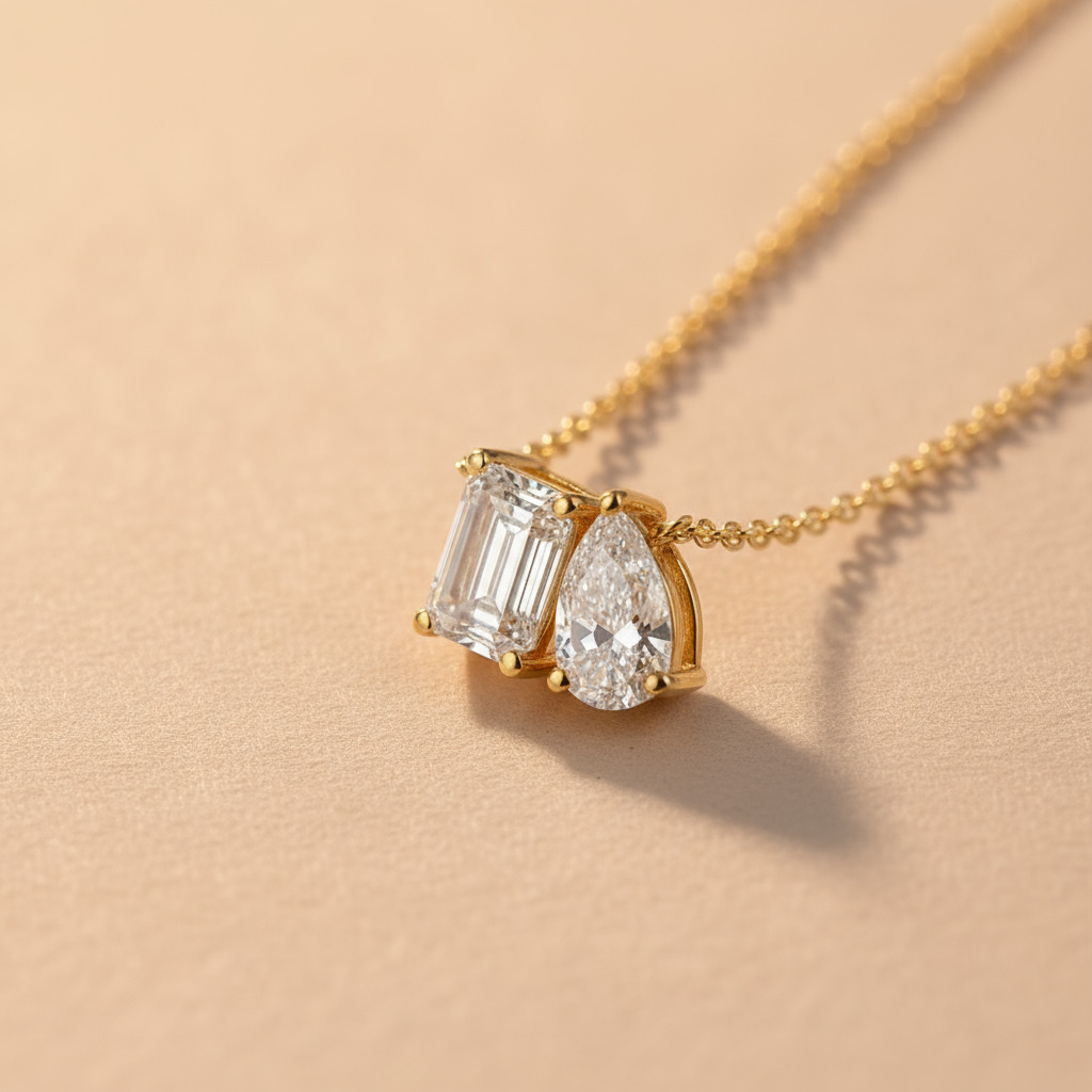 Emerald & Pear Cut Diamond Pendant Necklace With Street Luxury Shine - Image 5