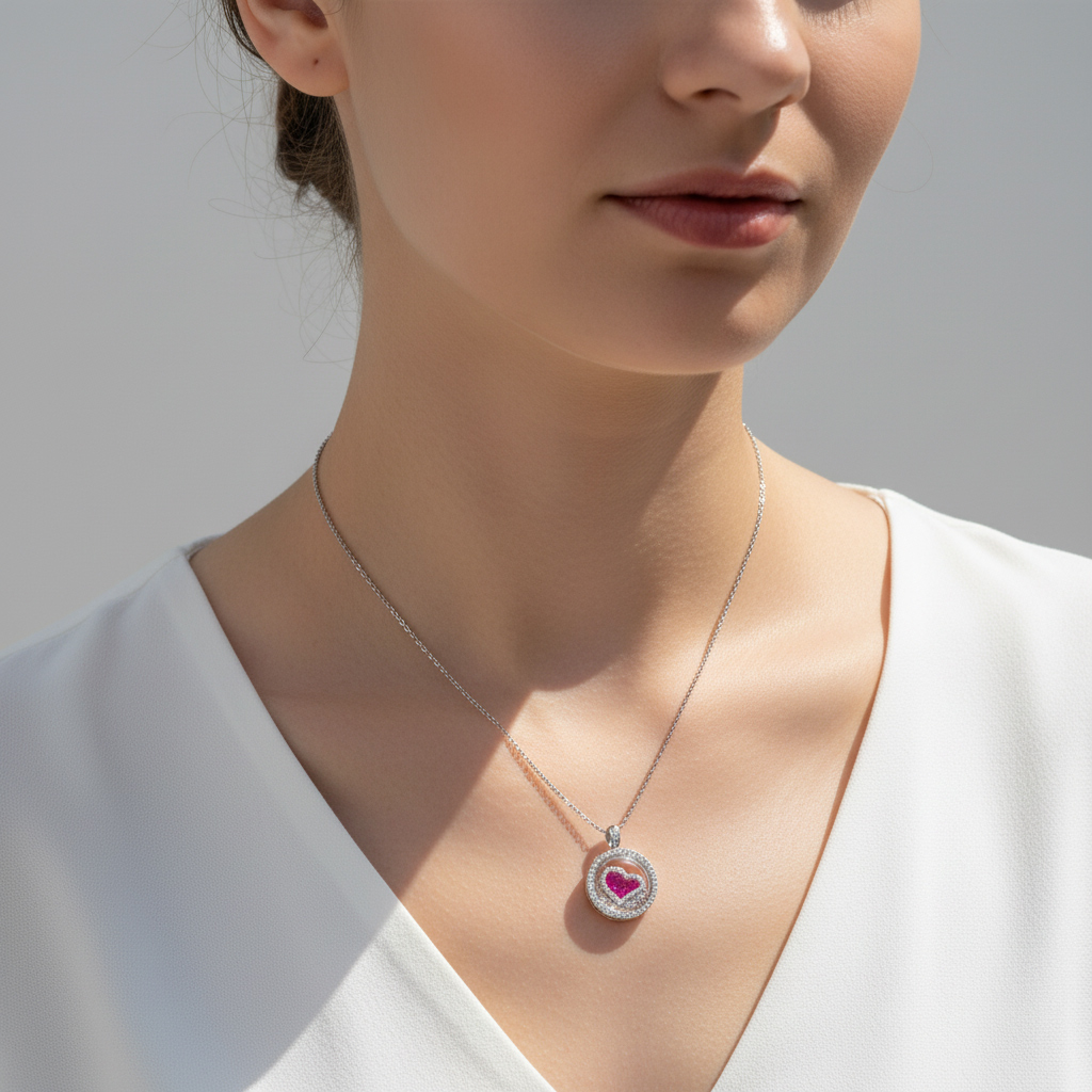 Bold S925 Silver Round Shape Ruby Heart Dancing Diamonds Pendant Necklace - Image 3