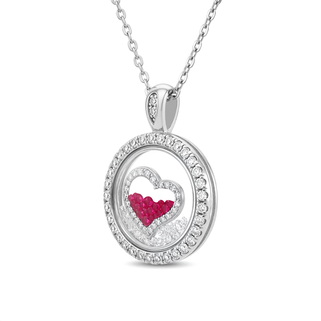 Bold S925 Silver Round Shape Ruby Heart Dancing Diamonds Pendant Necklace - Image 4