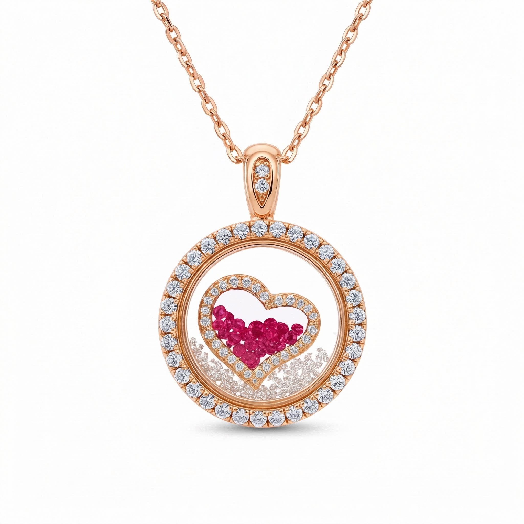 Bold S925 Silver Round Shape Ruby Heart Dancing Diamonds Pendant Necklace - Image 6