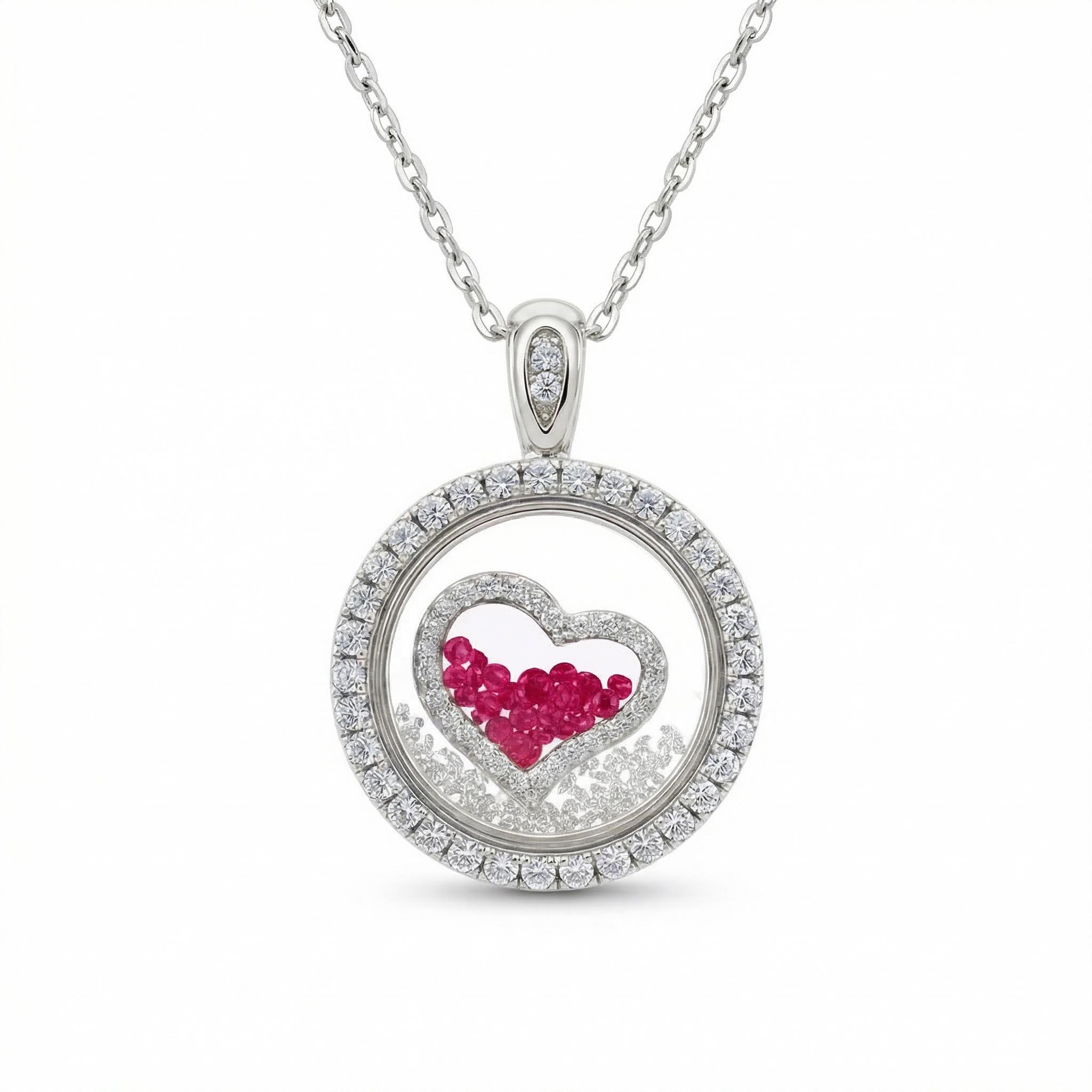 Bold S925 Silver Round Shape Ruby Heart Dancing Diamonds Pendant Necklace