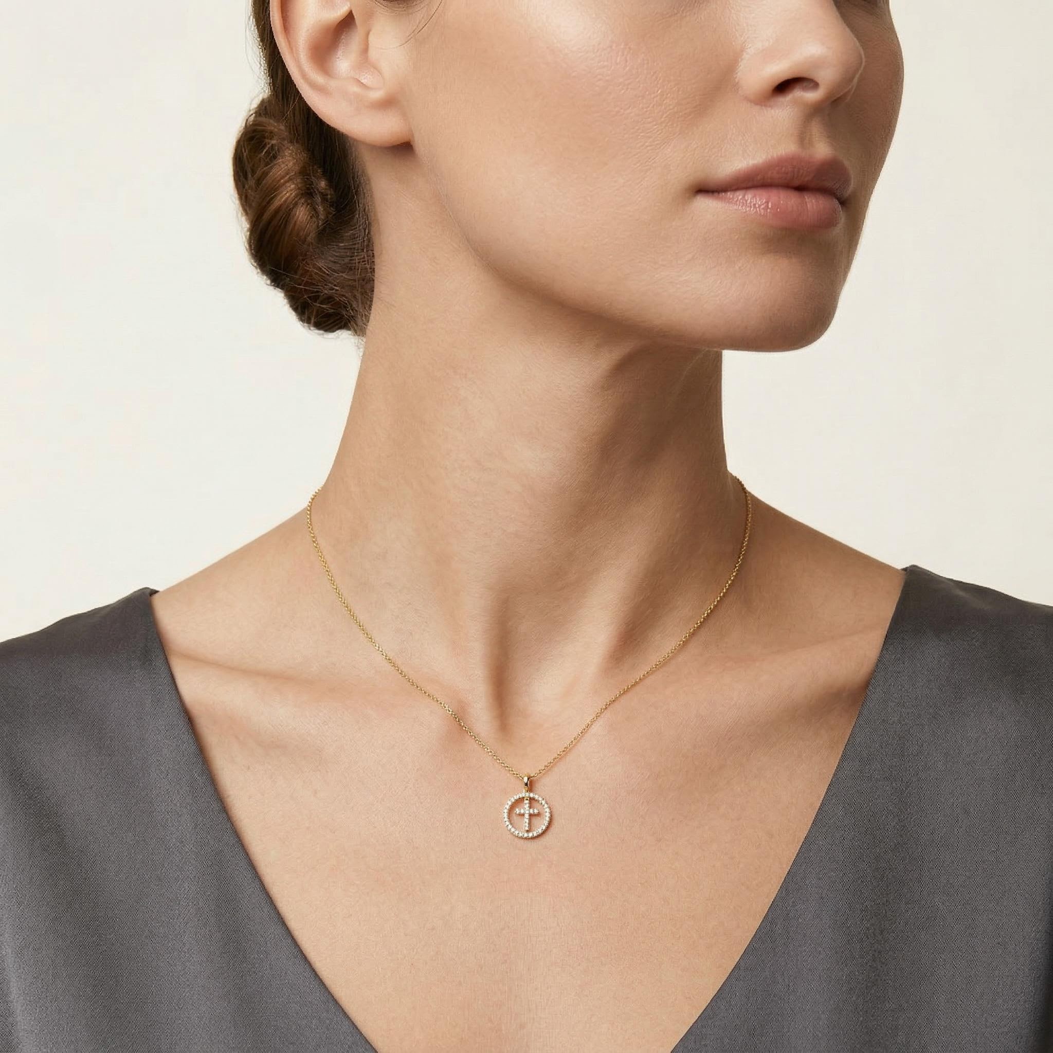 S925 Silver Cross Within Circle Diamond Pendant Necklace Moissanite - Image 3