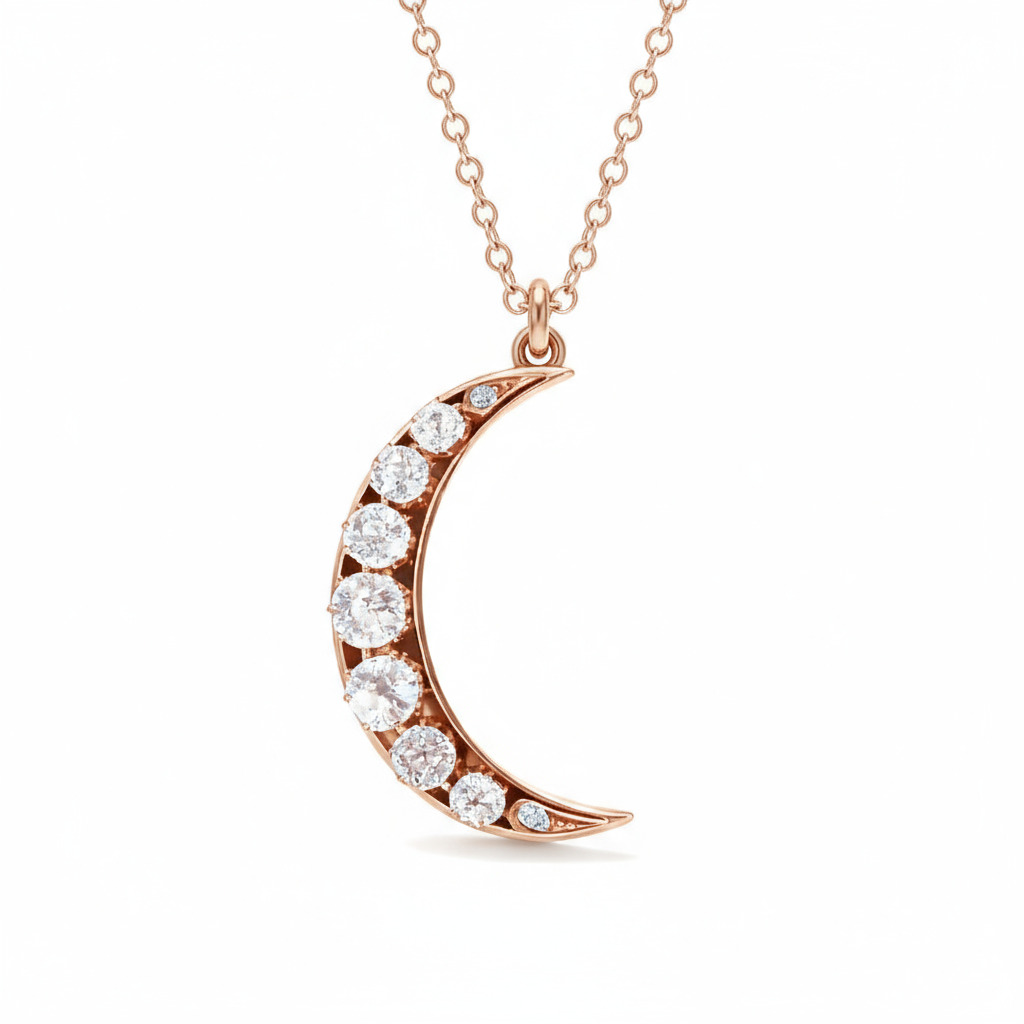S925 Silver Round Diamond Moon Shaped Pendant Necklace Moissanite - Image 5