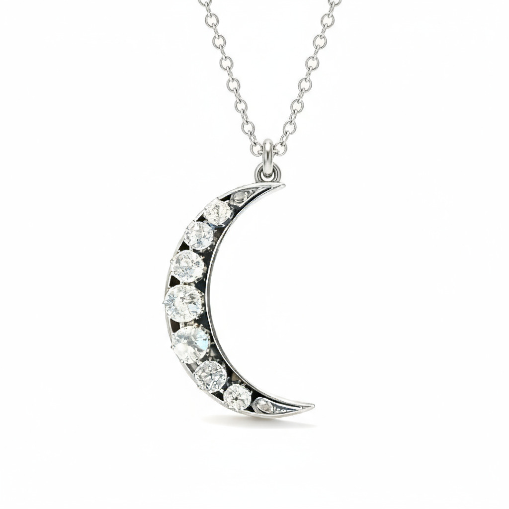 S925 Silver Round Diamond Moon Shaped Pendant Necklace Moissanite
