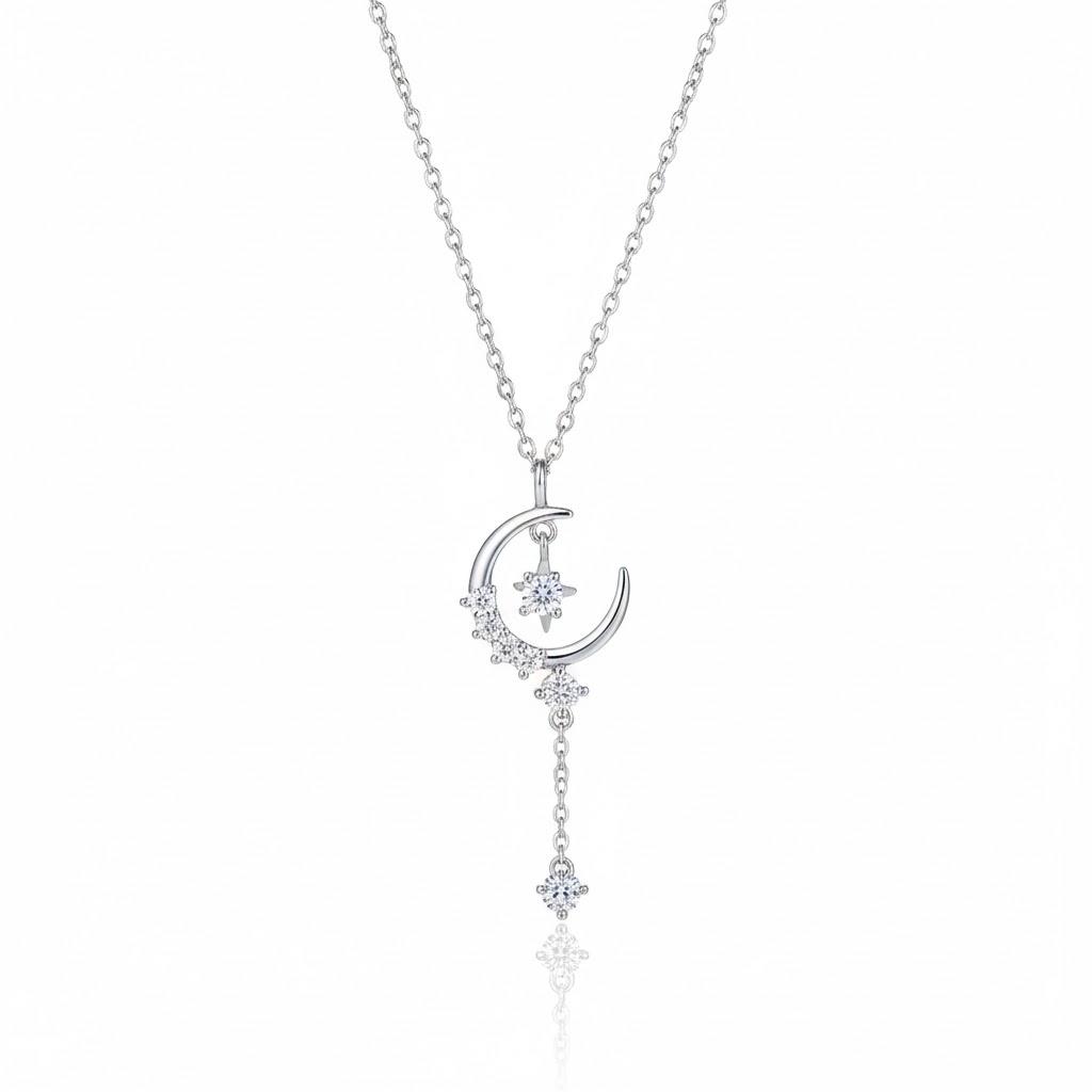 Crescent Round Cut Vvs Moissanite S925 Silver Pendant Necklace Iced Out