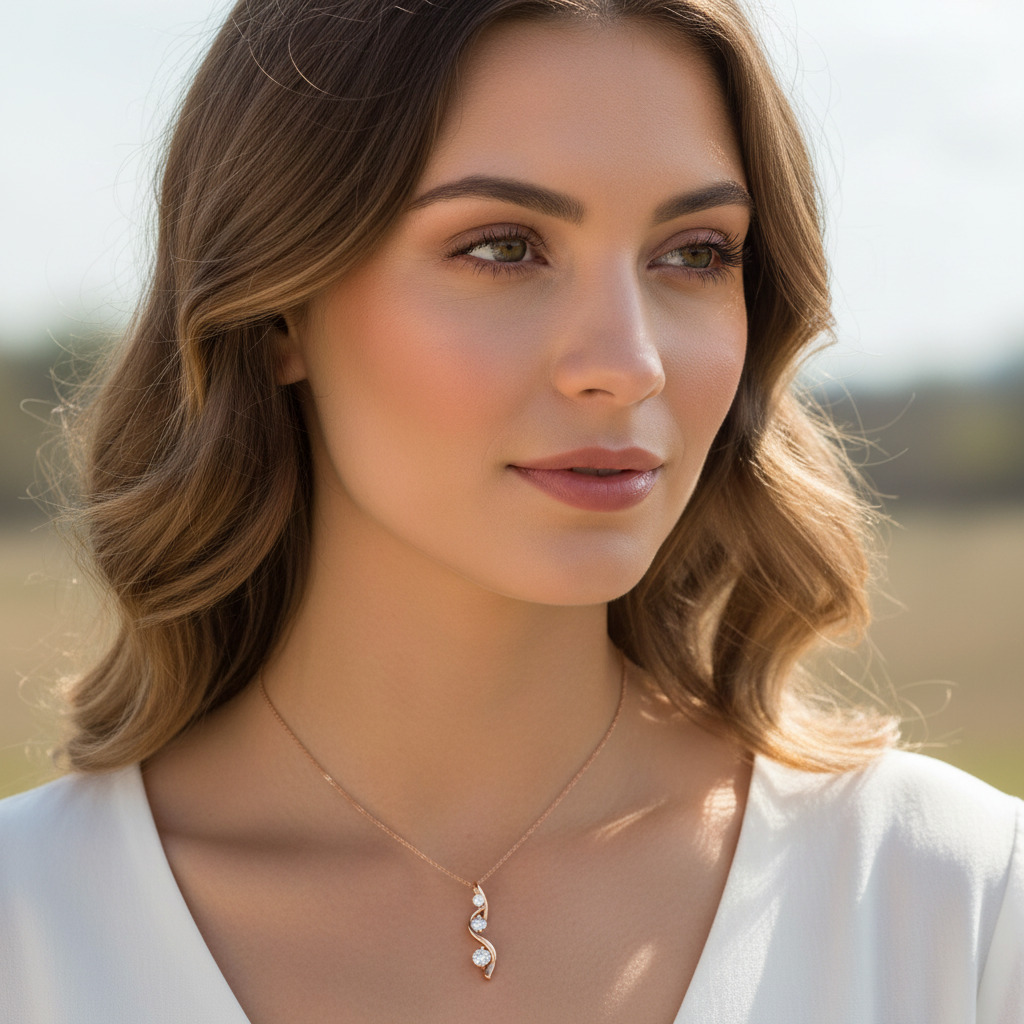 S925 Silver Ribbon Round Diamond Three Stone Necklace Pendant Moissanite - Image 3