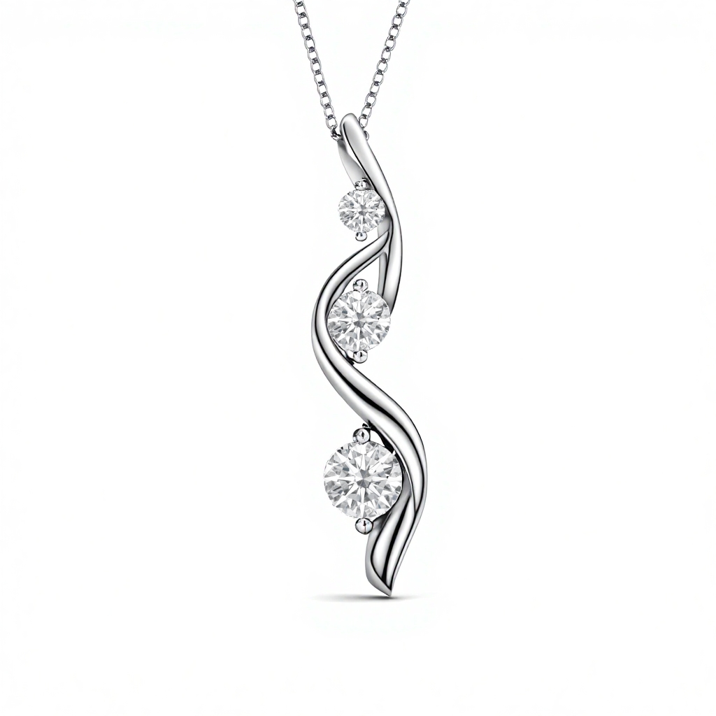 S925 Silver Ribbon Round Diamond Three Stone Necklace Pendant Moissanite