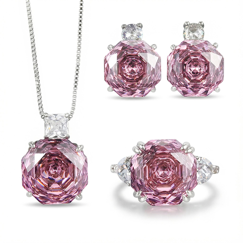 Roses Cut Diamond Necklace & Earrings & Ring Jewelry Set Iced Out