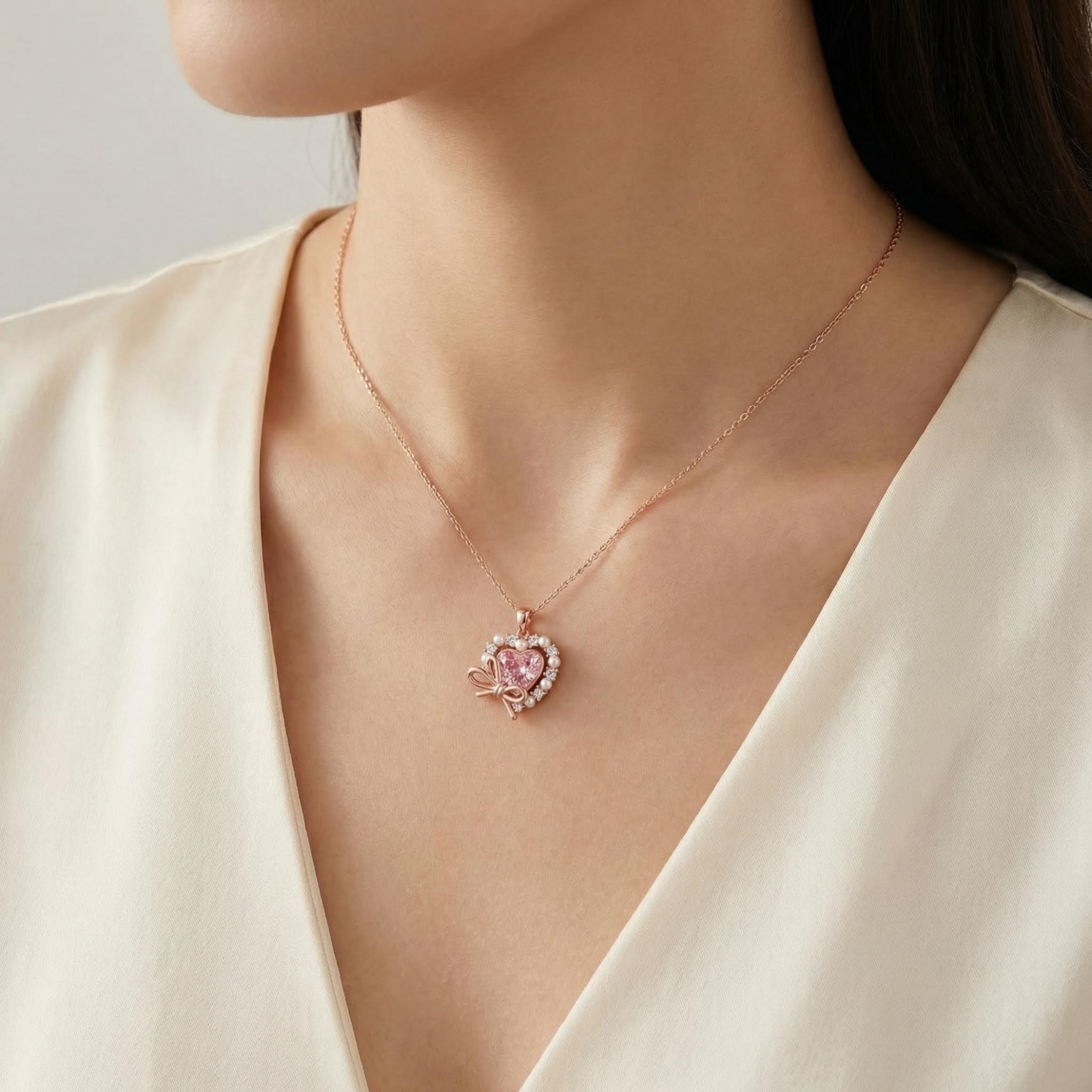 2.2ct. Tw. Pink Heart Cut With Bowtie Pearl S925 Silver Pendant Necklace - Image 3