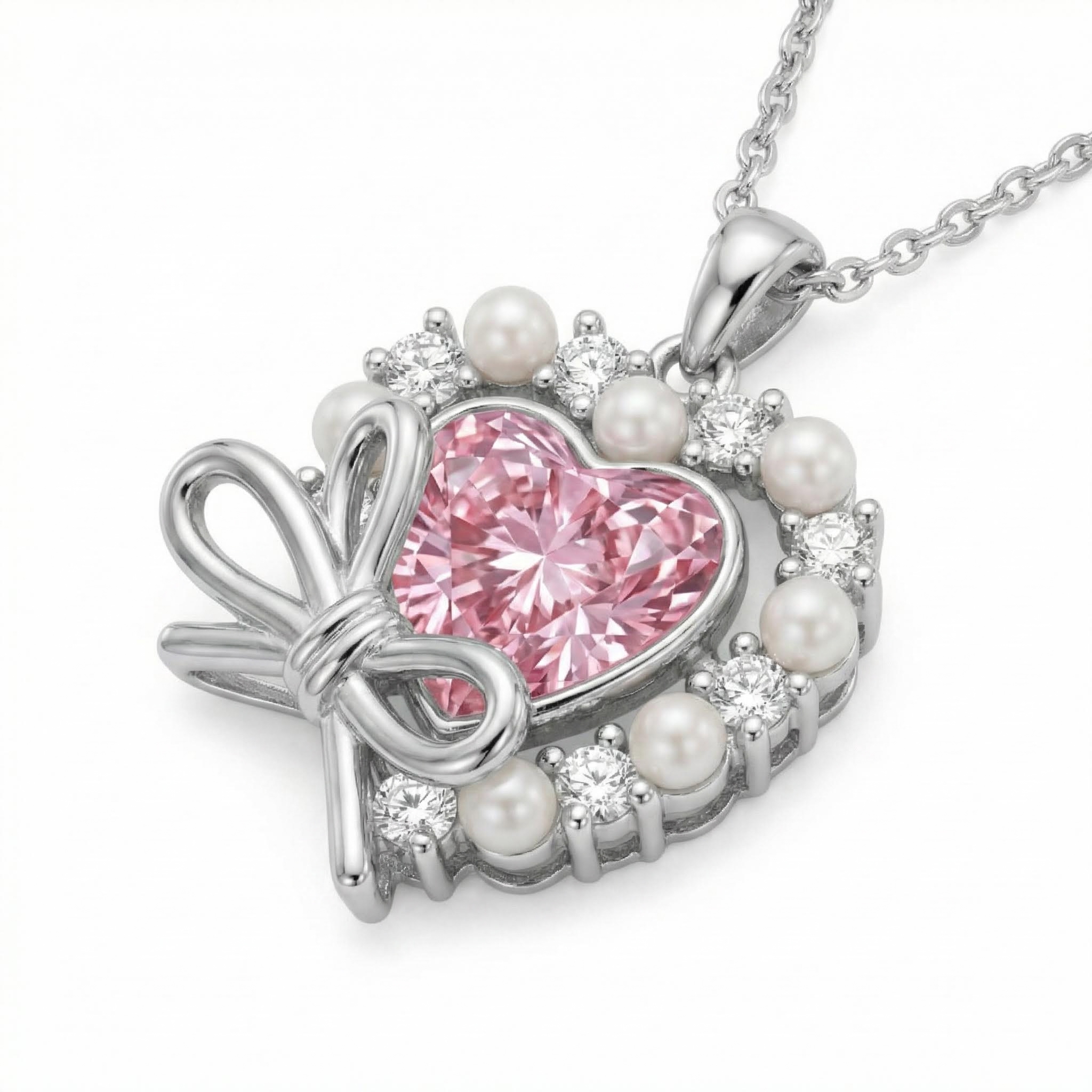2.2ct. Tw. Pink Heart Cut With Bowtie Pearl S925 Silver Pendant Necklace - Image 4