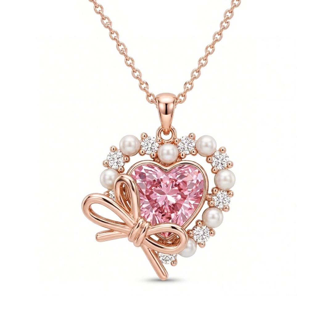 2.2ct. Tw. Pink Heart Cut With Bowtie Pearl S925 Silver Pendant Necklace - Image 5