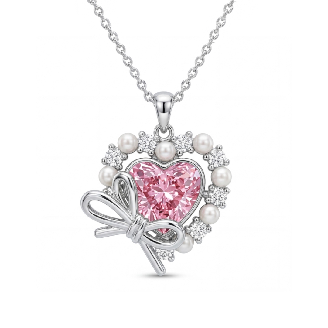 2.2ct. Tw. Pink Heart Cut With Bowtie Pearl S925 Silver Pendant Necklace