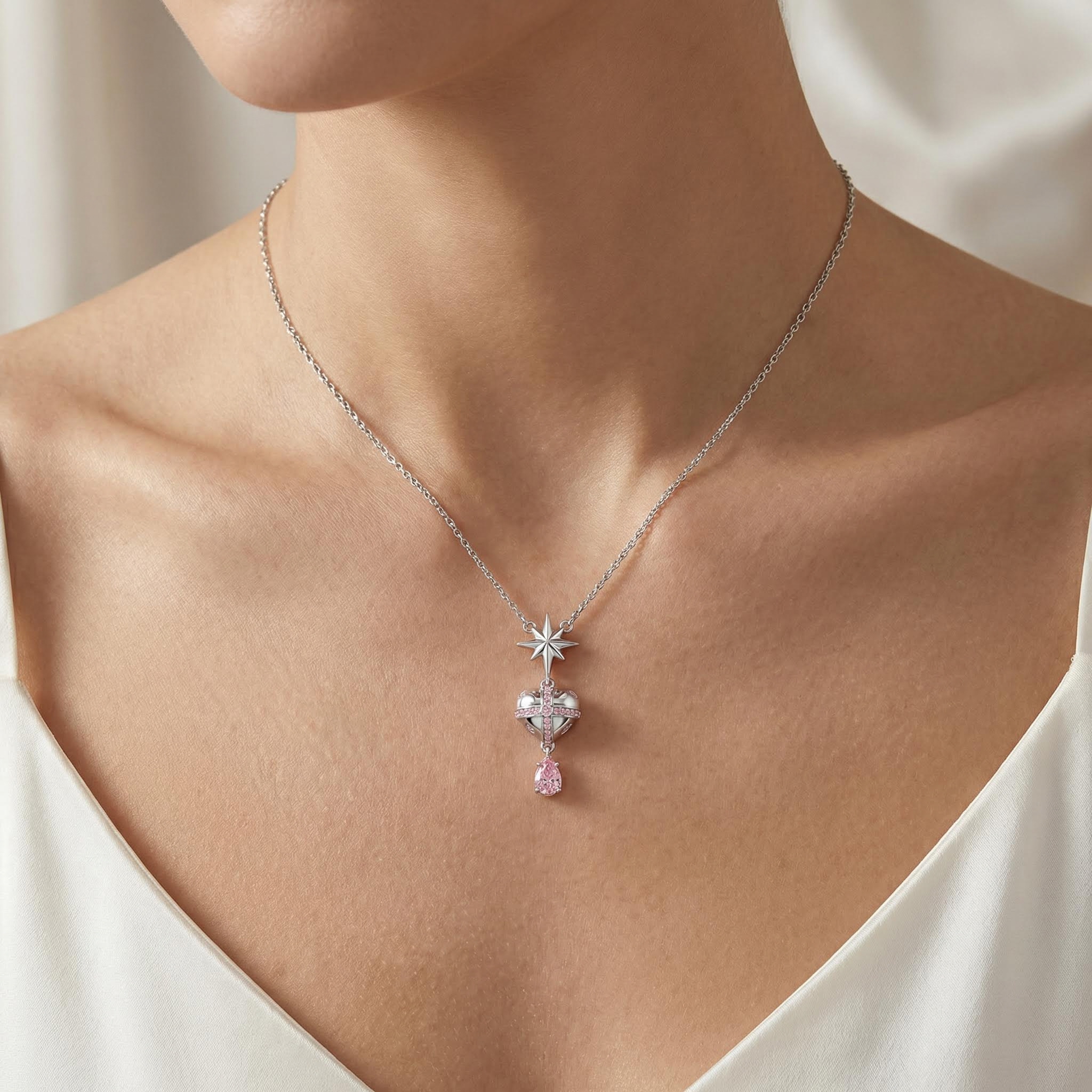 Street Luxury Star-heart Design Pink Pear Cut S925 Silver Pendant Necklace - Image 3